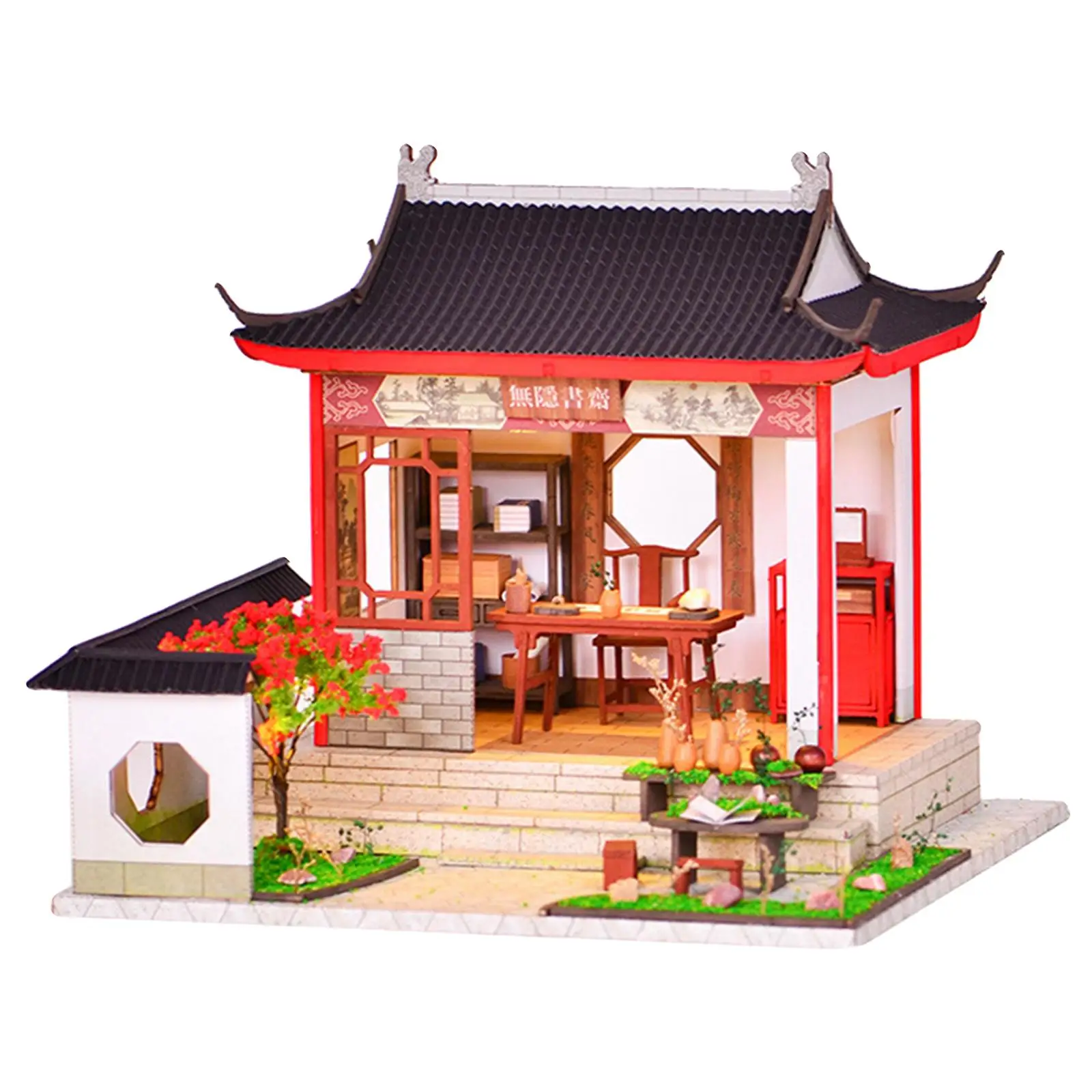 Artesanato diy kit de casa de bonecas de madeira com luz led casa de boneca móveis feitos à mão estilo chinês brinquedo sala de estudo