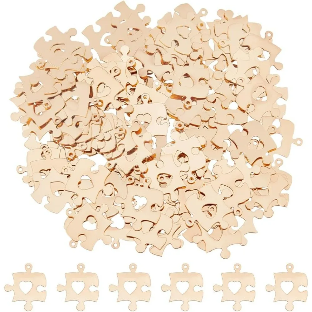 

120Pcs Puzzle with Heart Charm Bulk Autism Awareness Charms Puzzle Piece Charms Brass Etched Dangle Charm Metal Heart