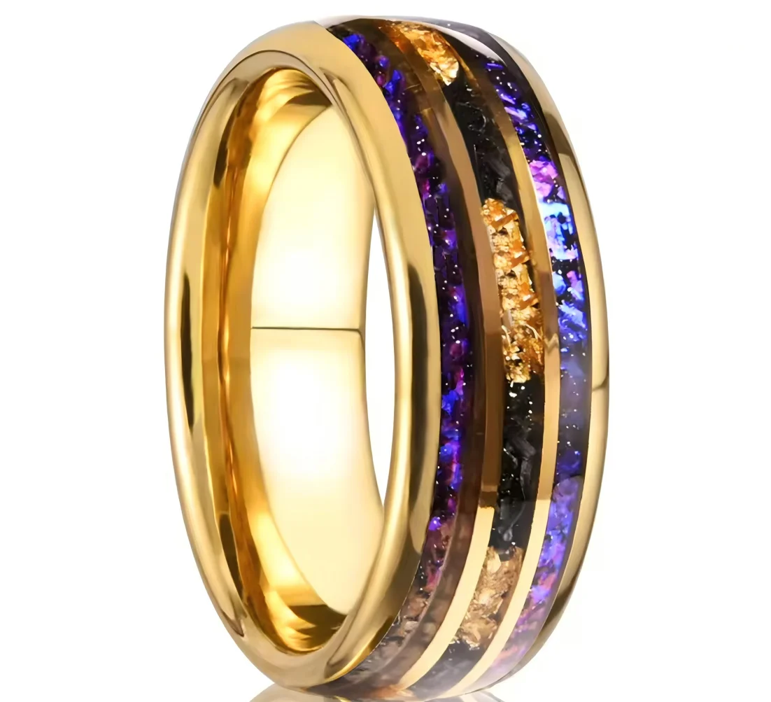 New Arrival 8mm Gold Plated Luxury Men Ring Inlay Gold Foil and Blue Opal Tungsten Carbide Ring for Men and Women Wedding Ring