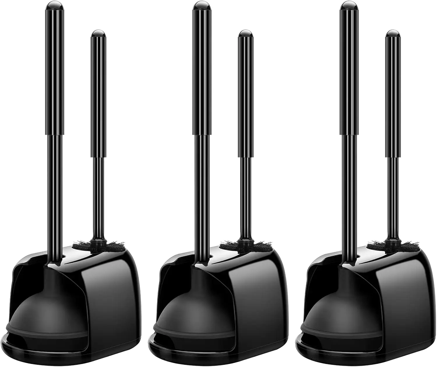 

3-Pack Heavy Duty Toilet Brush and Plunger Set with Hidden Holder for Deep Cleaning - Black
