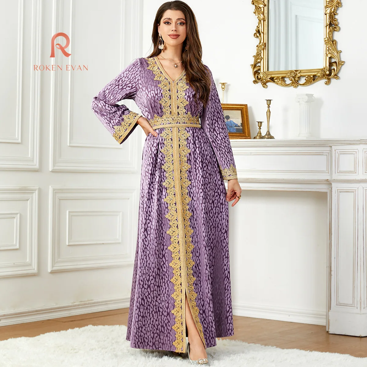 

ROKEN EVAN 2024 Middle East Arab Dubai Fashion Dress Long dress Autumn/Winter V-neck printed canary dress with belt