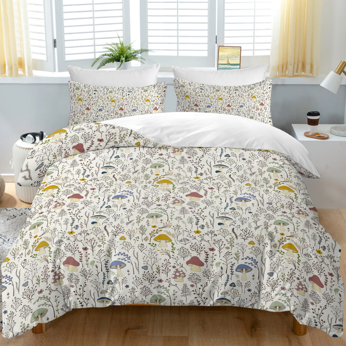 3pc Wild Mushrooms Design Bedding Set Different Mushrooms Quilt Cover with Zipper Closure 1 Duvet Cover and 2 Pillow Cases