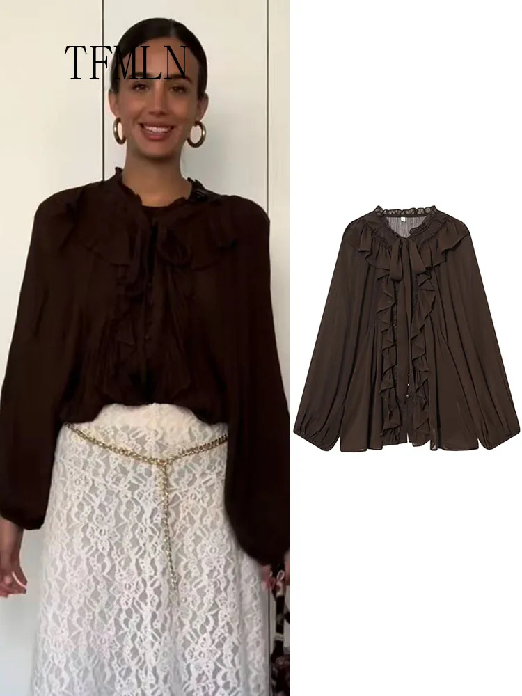 

TFMLN Chic Women's Loose Layered Blouses 2026 Spring Summer Office Lady Vintage Bow Translucent Tierred Ruffles Shirts