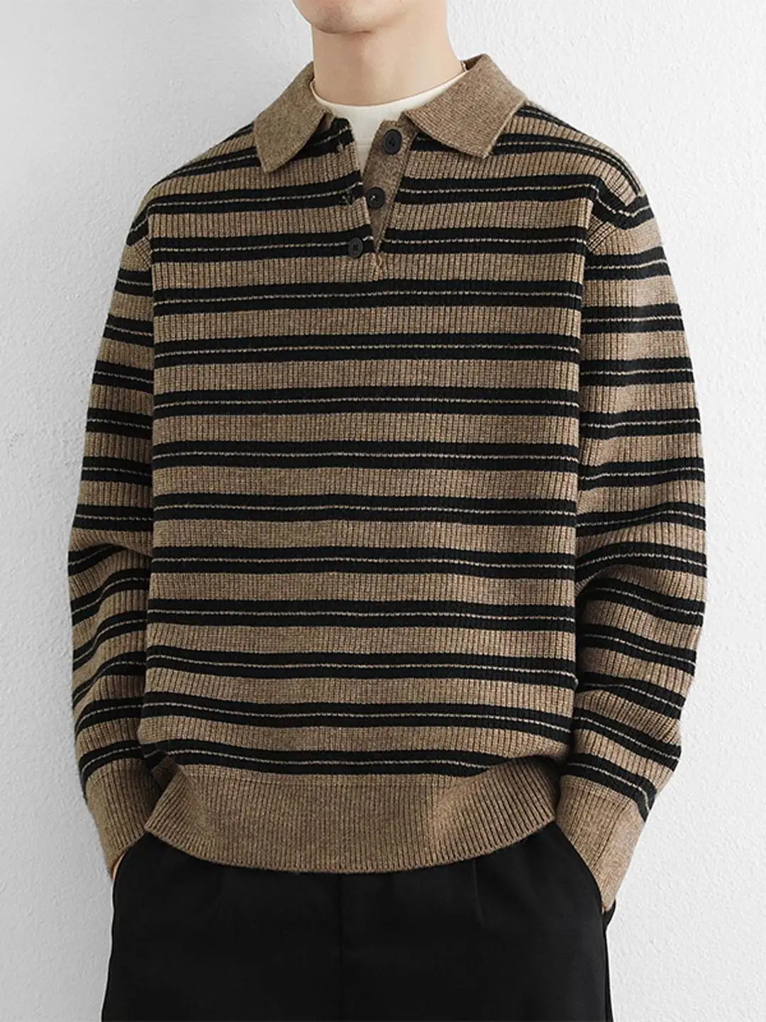 

Мужской свитер в американском ретро-стиле с воротником, в полоску, осенне-зимний, свободный, вязаный, модный, удобный, средней плотности, удлиненный...