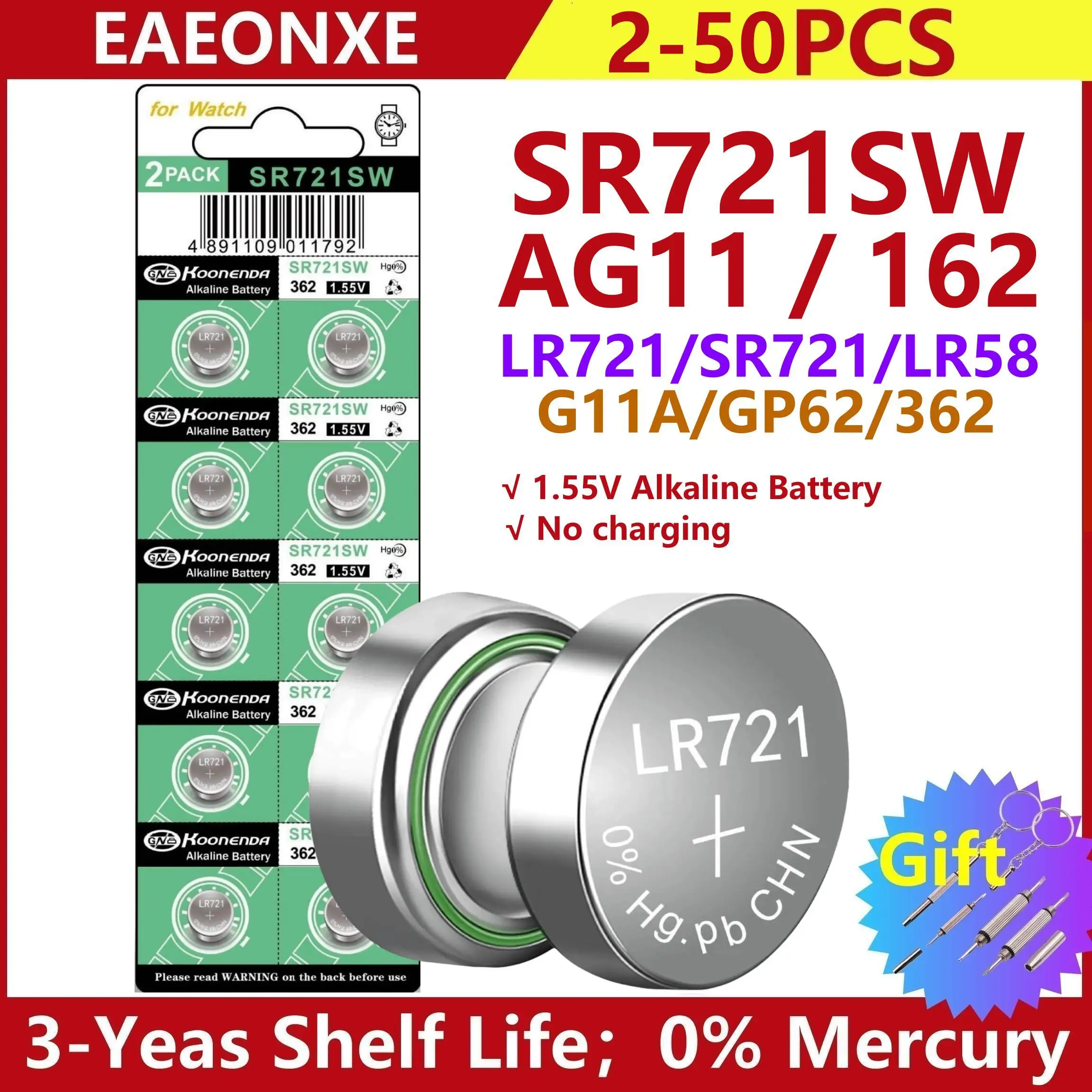 Botão Coin Cell Watch Battery, 0% Hg Mercury, livre para brinquedos de relógio remoto com presente, alta capacidade, AG11, SR721SW, 362, 361, 162, 1.55V