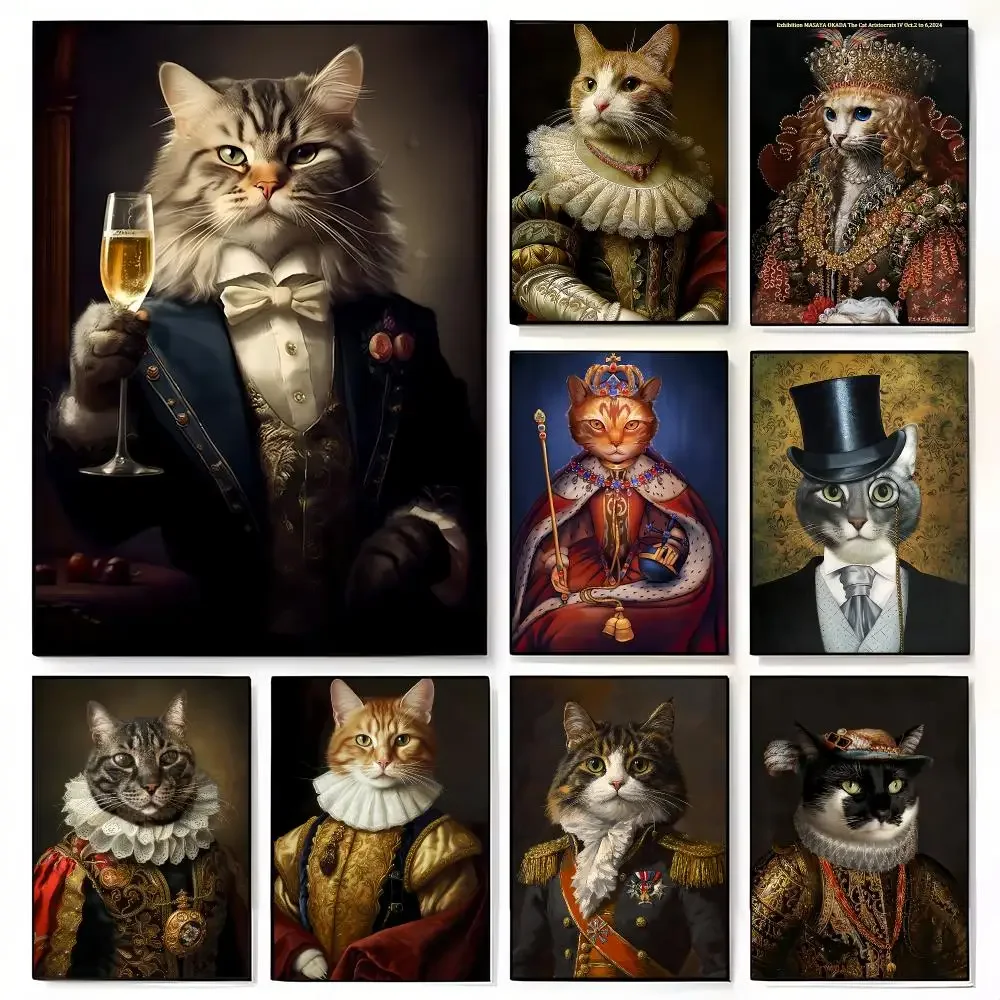 Aristocratic Cat Portraits Painting Calligraphy Stylish Canvas Poster Wall Art for Home Decor Gift