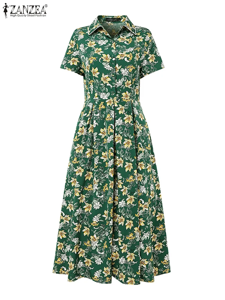 ZANZEA Bohemian Floral Printed Dress Women Summer Midi Sundress 2025 Vintage Office Ladies Vestidos Casual Lapel Neck Robe Femme