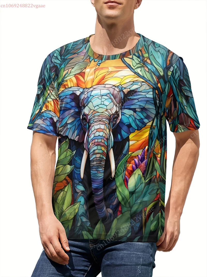 Summer Men's Colorful Elephant Graphic T-shirt Short Sleeve Tee Vintage Top Oversized Clothes Training Uniform Fitness Clothing