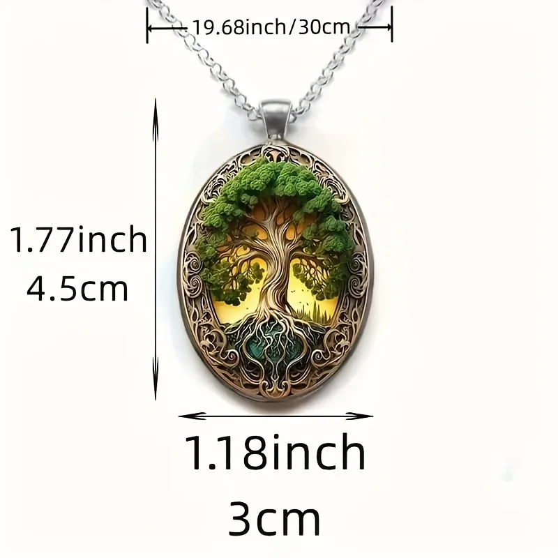 New Fashionable and Elegant Tree of Life Pattern Elliptical Glass Alloy Pendant Necklace Jewelry Wholesale