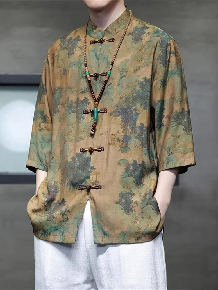 

Новая мужская летняя рубашка из ледяного шелка в китайском стиле с воротником-стойкой, модный брендовый топ в стиле Тан, верхняя одежда для молодежи