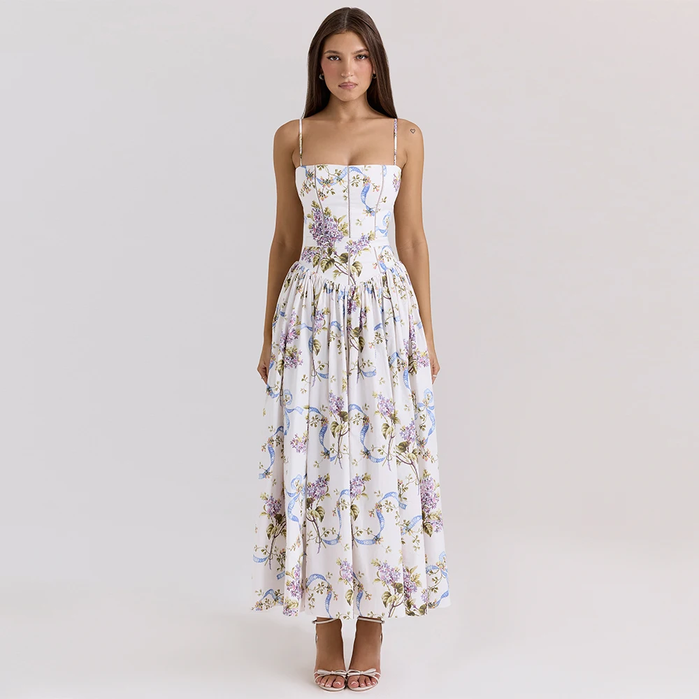 Mingmingxi Summer Floral Print Dress Elegant 2025 New Arrivals Spaghetti Strap Flare Dress Maxi Holiday Party Dresses Women