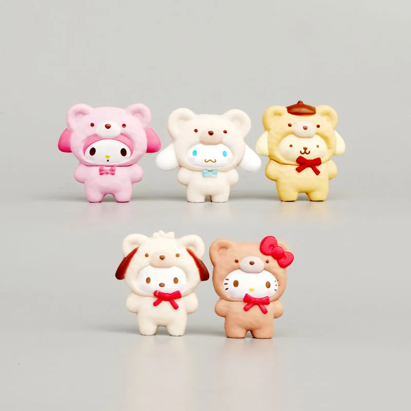 

5Pcs/Set Sanrio Hello Kitty Cosplay Teddy Bear Anime Action Figure Cinnamoroll Pachacco Kawaii Gifts Model Ornament Toy for Kids