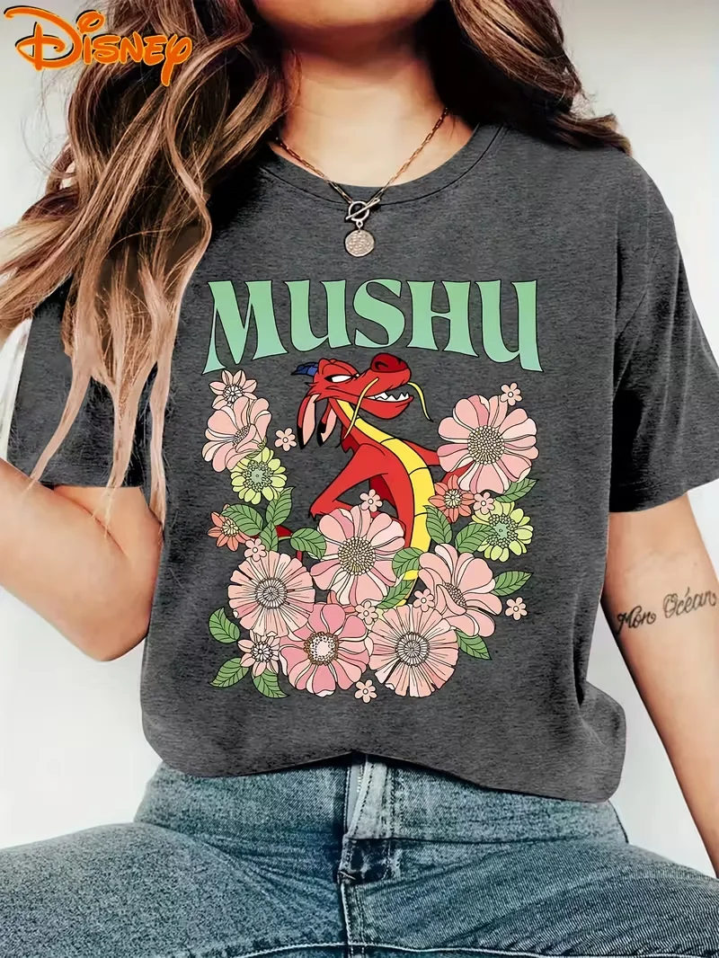 MINISO Disney Mulan Mushu Drachen T-Shirt Vintage Frauen Männer T Kurzarm Oansatz Casual Übergroßen Streetwear Kleidung