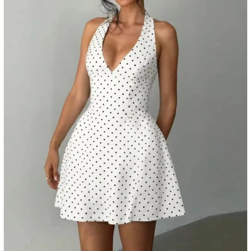 Polka Dot Sexy Short Dress Women Fashion Halter Deep V Neck Sleeveless Backless High Waist A-line Club Party Dresses