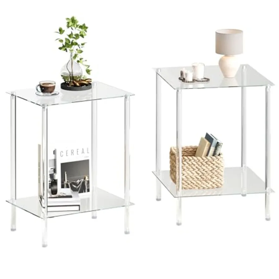 

Tempered Glass Side Tables Set of 2 Acrylic End Table with 2 Storage Shelve transparent Bedside simplicity clear 2-Tier Nightst