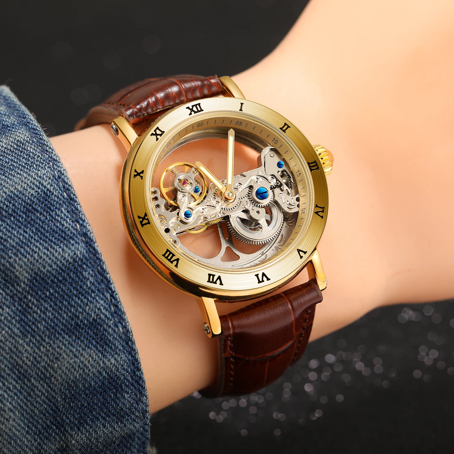 Vintage Mechanical Watches Golden Bridge Skeleton Automatic Mens Watch Luxury Genuine Leather Belt Carved Movement Luminous Hand