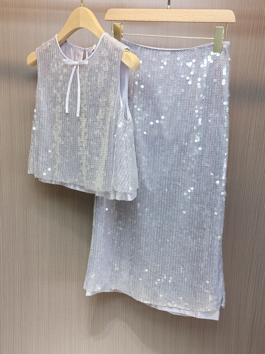 South Oil 2025 Sommer Neue Damen Vintage Pailletten Svel Weste Top plus f Rock Faion Set rund Ne ort Sve Lange...