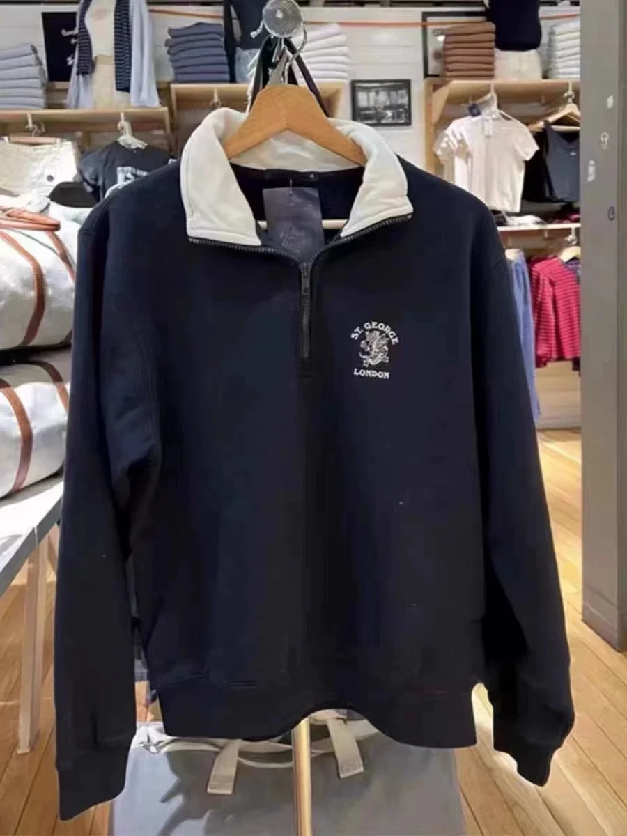 

Retro American Embroidered Sweatirt Loose Fit Hooded Zipper Casual Sle Cotton Long Sve Henry Collar Autumn Versatile