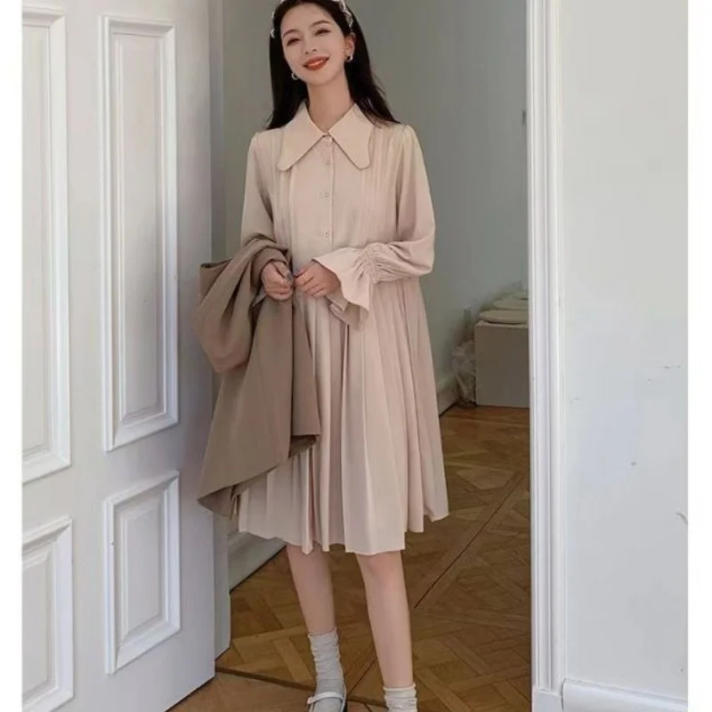 2024 Women's Medium to Long Fashionable and Stylish Loose Shirt with Hundred Fold Dress 2-piece Set