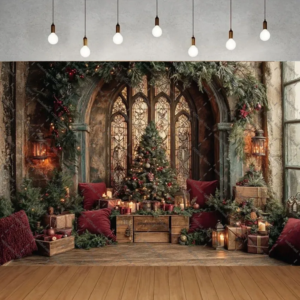

Christmas retro window arch wall photography Backdrop, Christmas tree children's family portrait decoration Backdrop photography