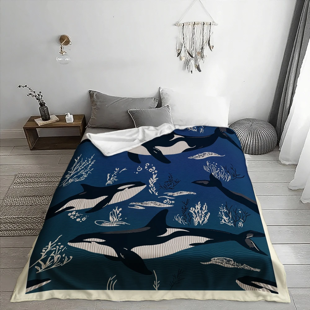 Blue Ocean Dolphin Whale Print Throw Blanket Coastal Nautical Ocean Decor Plush Fuzzy Throw for Sofa Bed Room Home Gift