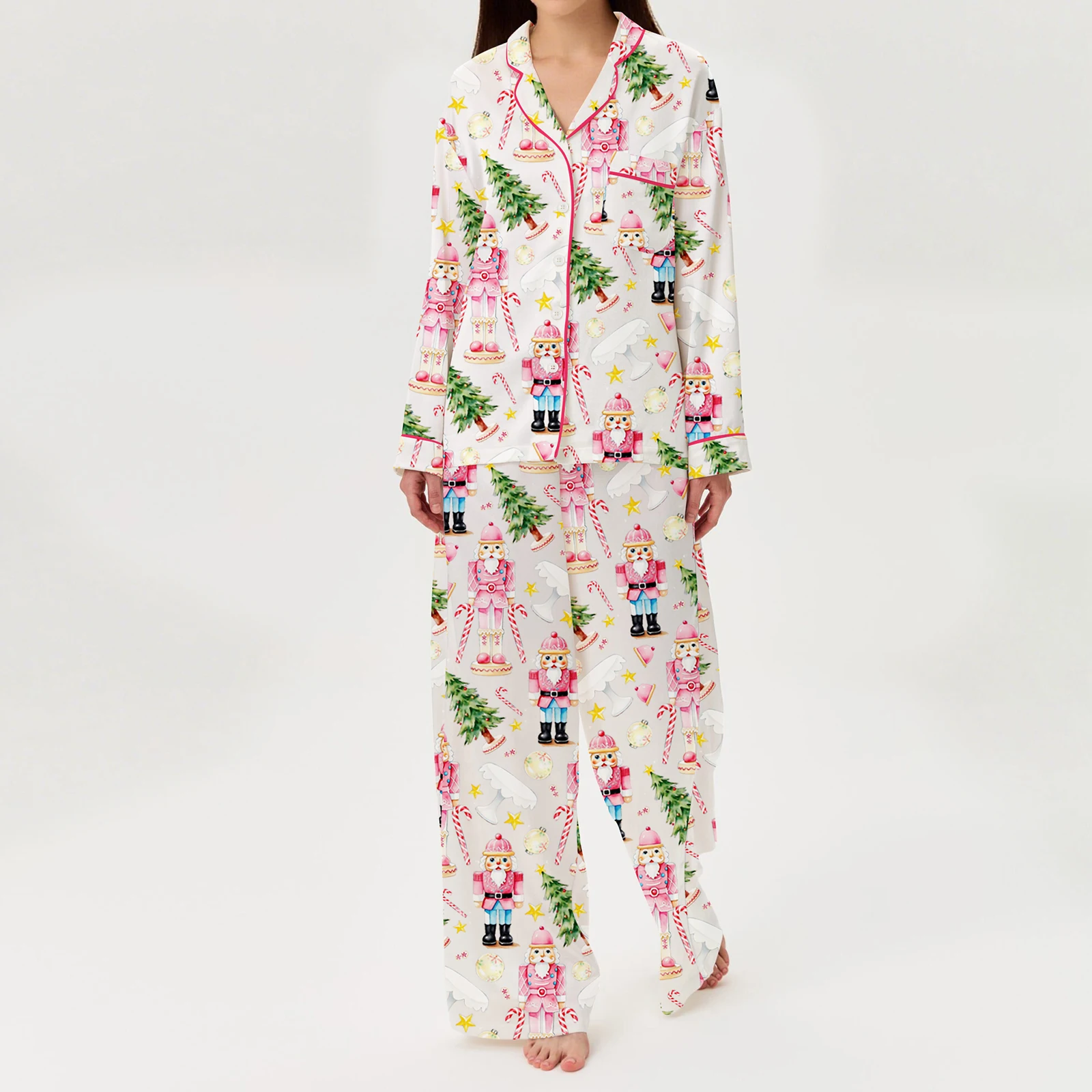 Comfort Women Christmas Pajama Set, Santa Claus Print Long Sleeve Shirt with Pants Sleepwear Loungewear