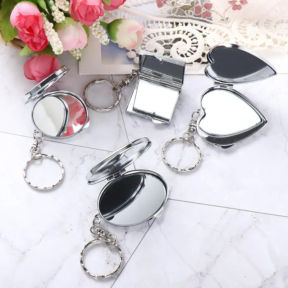 Makeup Mirror Folding Mirror Key Chain with Key Ring Double Sides Makeup Cosmetic Mirror Key Ring Round Heart Mini