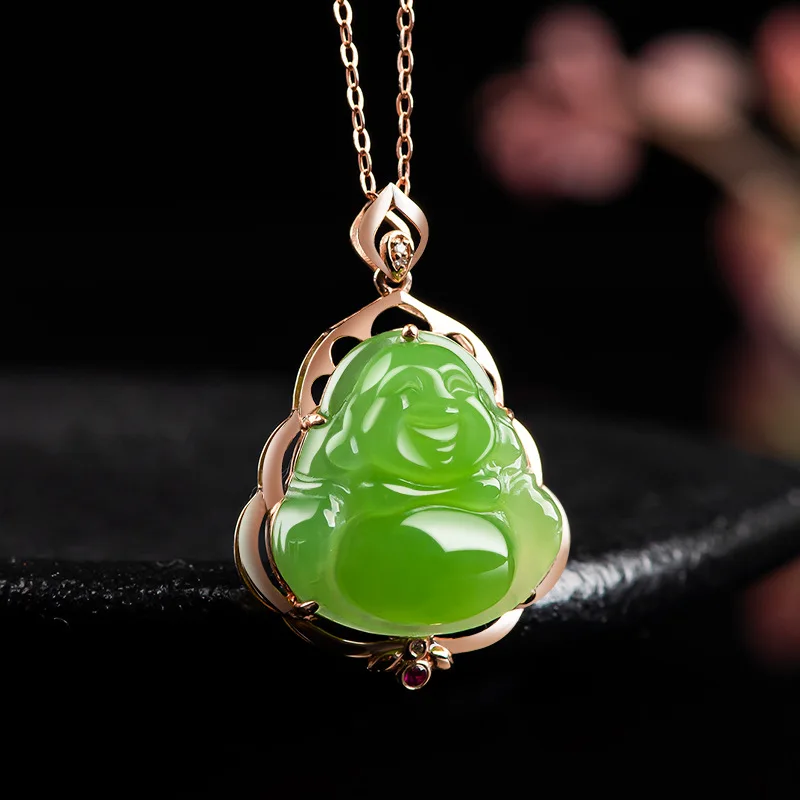 Old Materials Hetian Green Buddha Genuine Goods 18K Rose Gold Pendant Jade for Men and Women