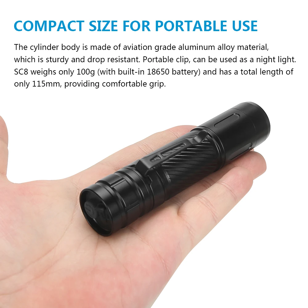 BALDR SC8 Rachargeable LED Flashlight Ultra-bright 1000Lumens 3 Lighting Modes built-in 18650 Battery Protable Troch Light