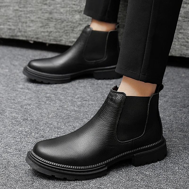 

Luxury Brand Handmade Men Thick Soled Business Classic Chelsea Boots Fashion Leather Winter High Top and Plush Warm Casual Boots