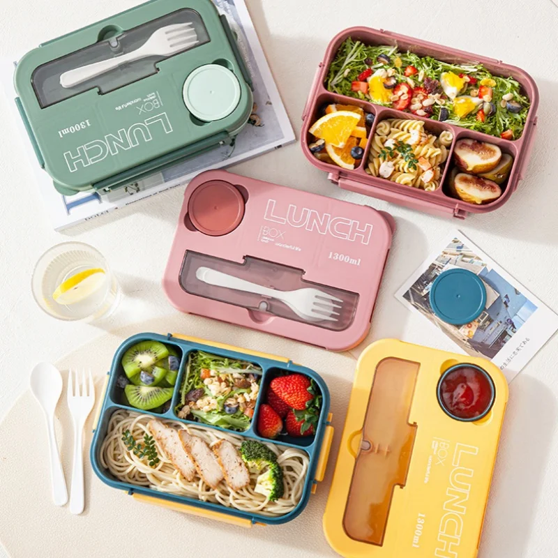 Scomparto 1300ML Lunch Box portatile Bambini Studenti Bento Box da ufficio con forchetta e cucchiaio Contenitore per alimenti per microonde