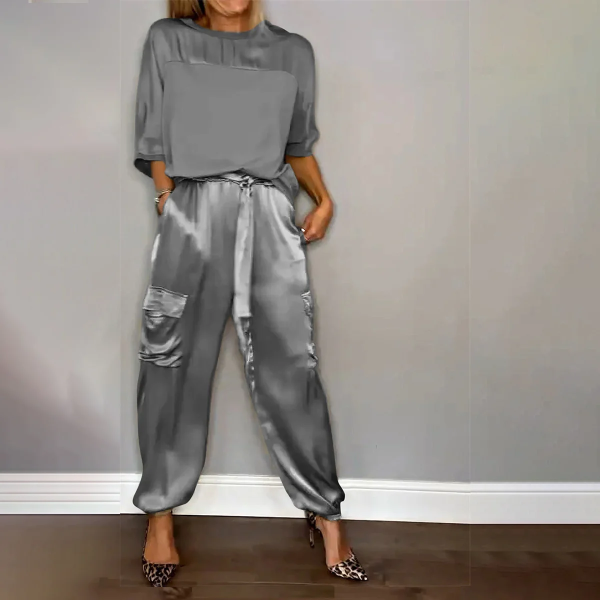 Elegant Satin Two Piece Set Women Outfits Spring Summer Casual Solid O Neck Shirt Long Pants Tracksuit Fashion Female Loose Suit