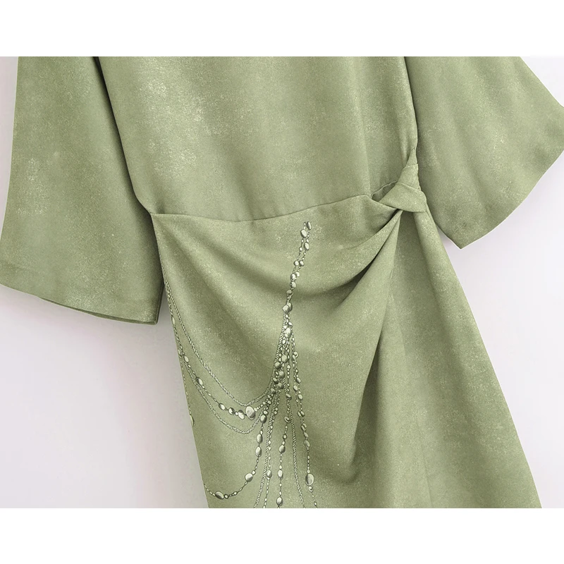 MUJER プリントチェーンミディドレス女性ドレープエレガントなパーティードレス女性のためのカジュアルラップ女性のドレスワイドスリーブ女性のドレス