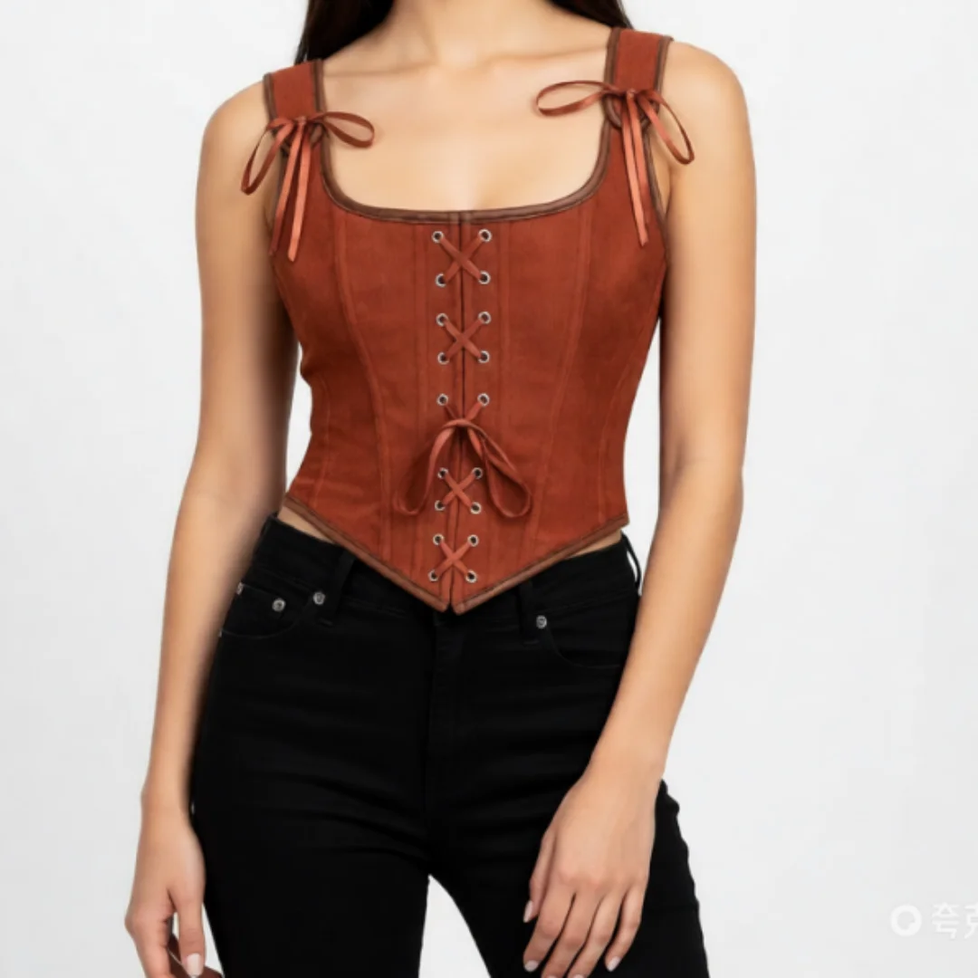 Brown Front Lace Up Zipper Vintage Gothic Women Corset Tank Top Sexy Waist Trainer Body Shaper Steampunk Shapewear Slimming Vest
