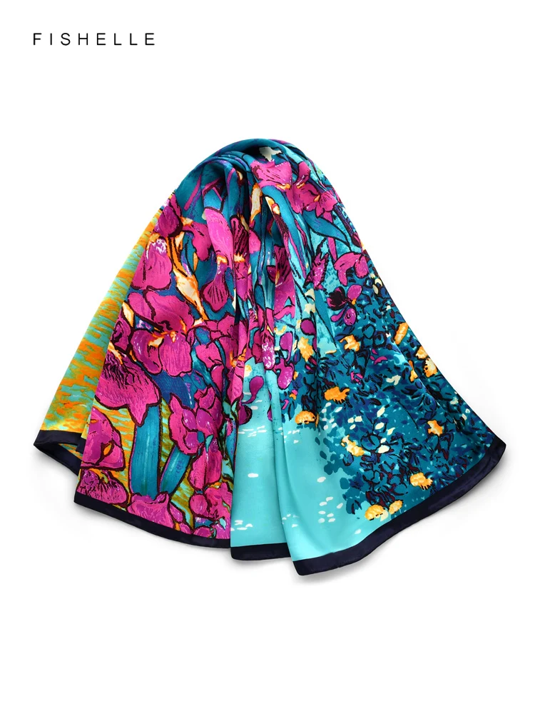 Iris flower printed natural 100% silk scarf head band scarves women high quality bandana hijab shawl luxury gift 90*90