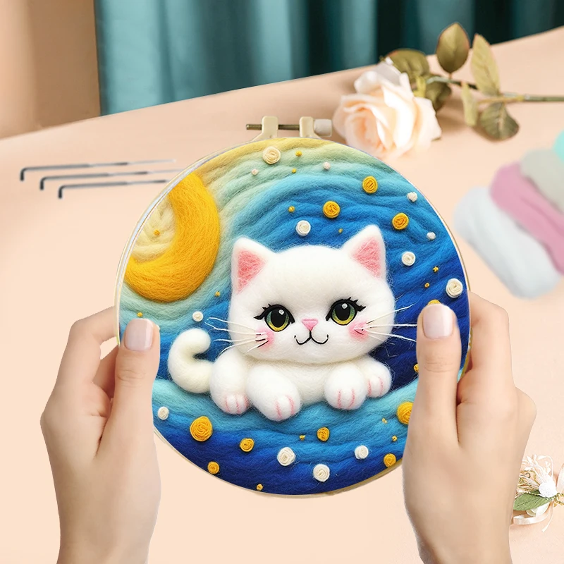 GATYZTORY Cute Cat Painting DIY Wool Embroidery Kit Creative DIY Wool Needle Felt Picture Kit Craft Painting Gift Home Decor