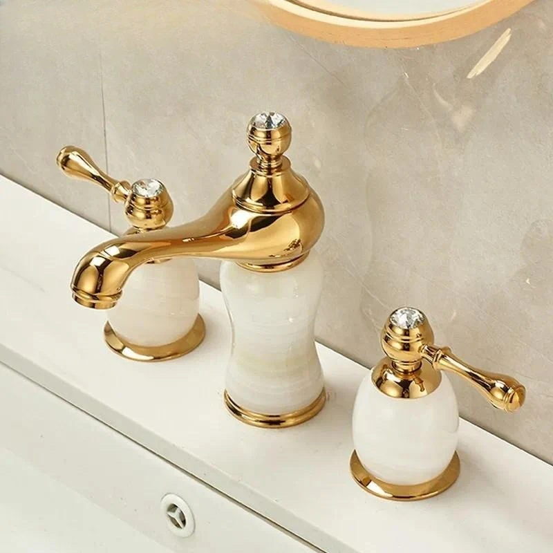 European Three Hole Hot Cold Faucet All Copper Gold Rose Gold Two Piece Natural Jade Marble Surface