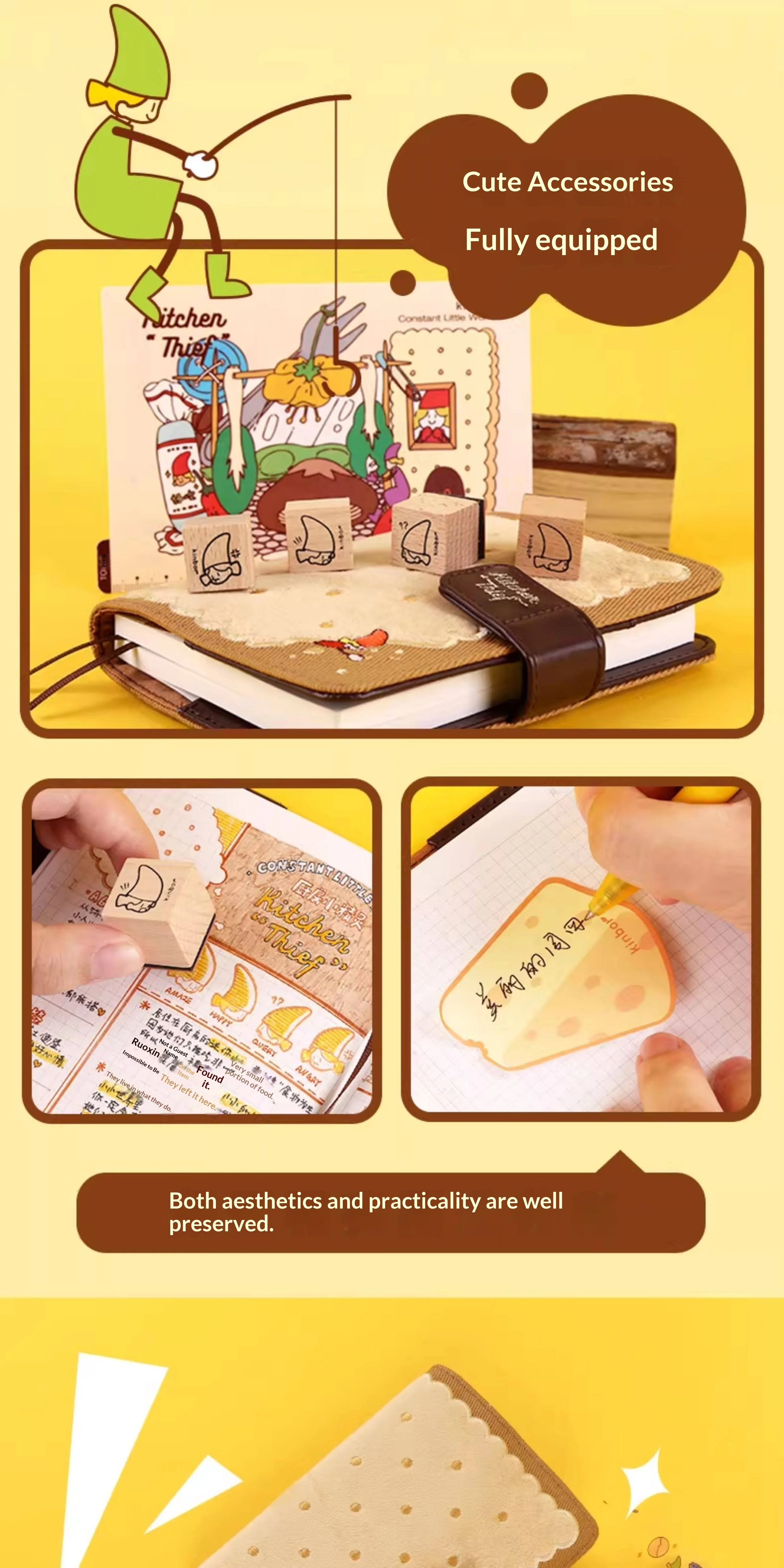 Kitchen Elf A6 Planer-Set, bestickte Keksdecke, Notizbuch, Klemmbrett, Lineal, Block, abnehmbare Seiten, Holzstempel, Aufkleber, süßes Geschenk – Detail 4