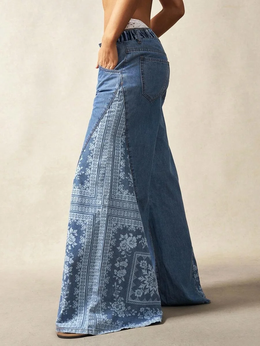 2026 Neue Damen-Jeans mit Blumenmuster und Patchwork, Übergröße, Locker Geschnitten mit Taschen, Lässige Vintage-Denim-Hose mit Weitem Bein – Detail 5