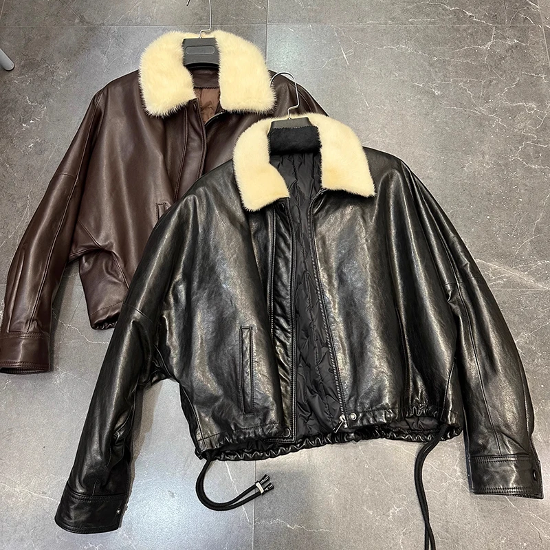 سترة جلدية حقيقية جديد الشتاء النساء الخضار دباغة النفط الشمع جلد الغنم الرباط فرو المنك طوق القهوة قصيرة أوزة أسفل معطف #1