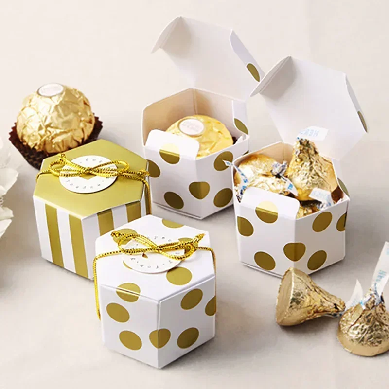 50 Stück gestreifte sechseckige Pralinenschachteln für Hochzeit, Geburtstag, Party, Dekoration, Geschenk, Souvenirs, Papiertüten, Verpackung