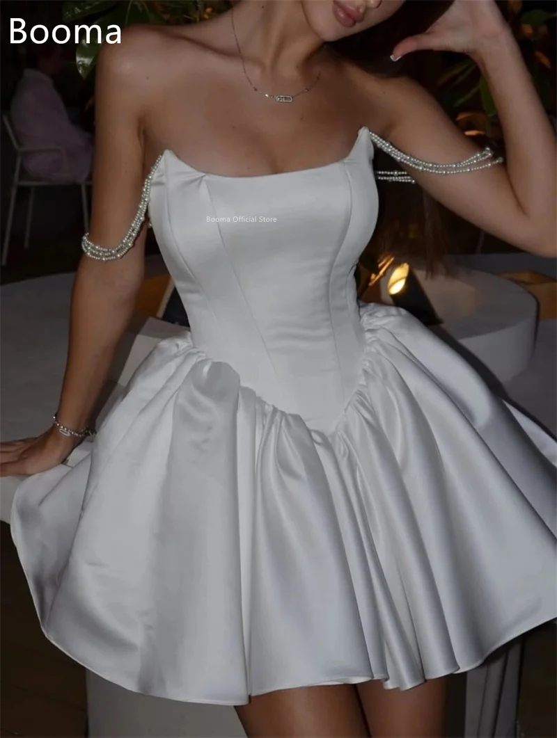 Booma a-line عاجي صغير عاري الكتفين من الساتان فساتين زفاف مطوي بسيط لؤلؤ أنيق فستان عرائس مصنوع حسب الطلب 2025