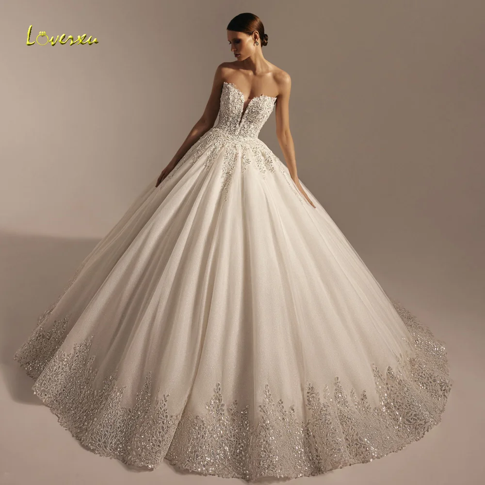 

Loverxu Ball Gown Royal Wedding Dresses Straplesss Vestido De Novia Lace Embroidery Beaded Exquisite Custom Made Robe De Mariee