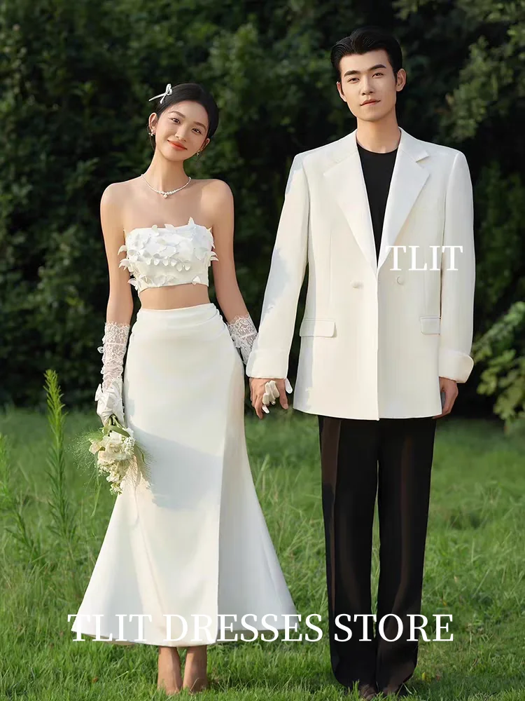 TLIT Elegant Silk Satin Two-Pieces Wedding Dresses 웨딩드레스 Appliques Butterfliers Korea Wedding Dress Photos Shoot Customized