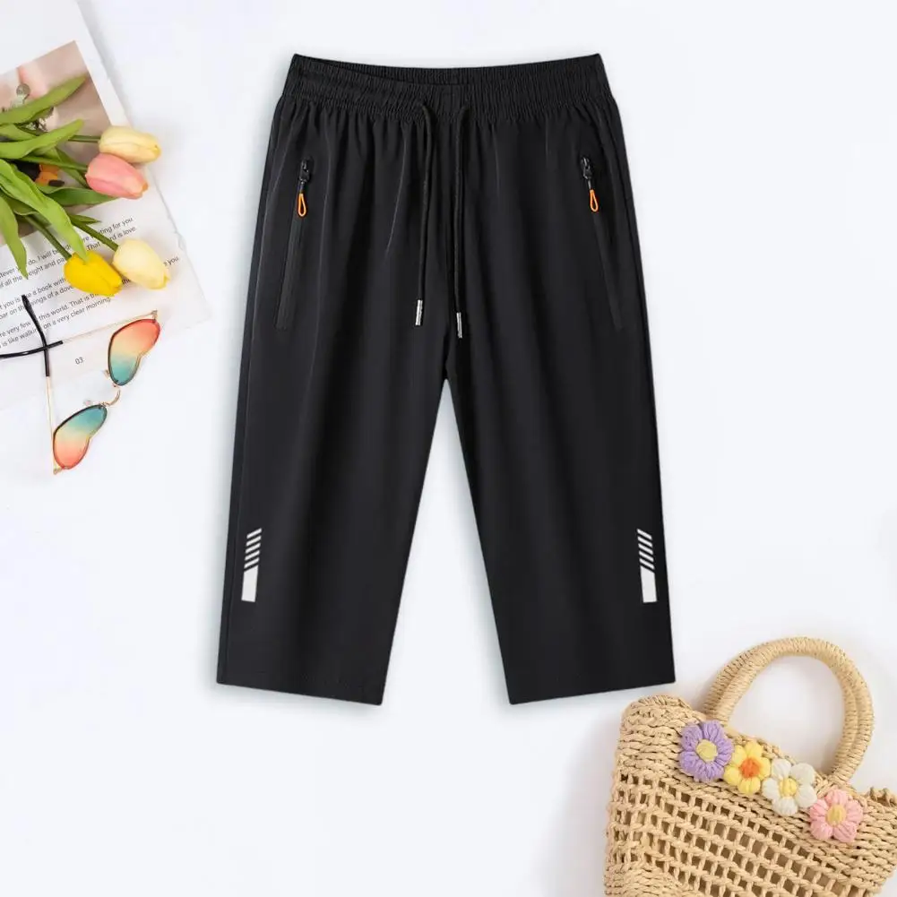 

Men Cropped Pants Breathable Summer Pants Men's Ice Silk Wide Leg Cropped Pants with Zipper Pockets Elastic for Streetwear