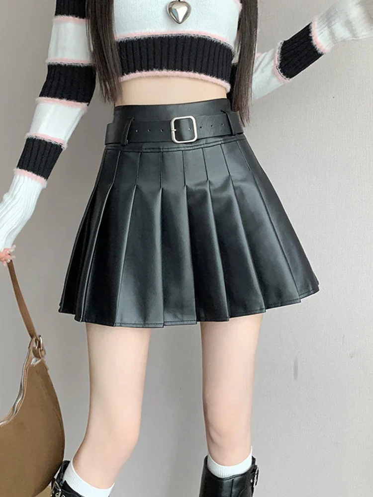 Brown Black Winter Mini Leather Skirt Women Streetwear High Waist Skater Pleated Skirts With Shorts A-line Jupe Plissée