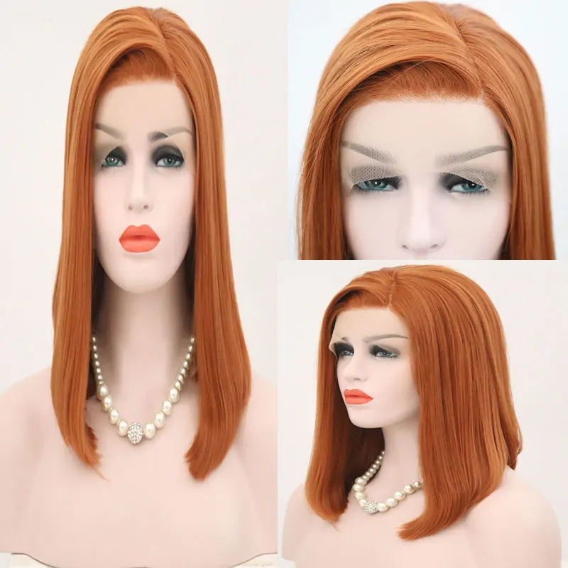 

Orange Short Straight Bob Hair Synthetic 13x4 Lace Front Wigs High Quality Heat Resistant Fiber Hair Side Parting For Women Wig