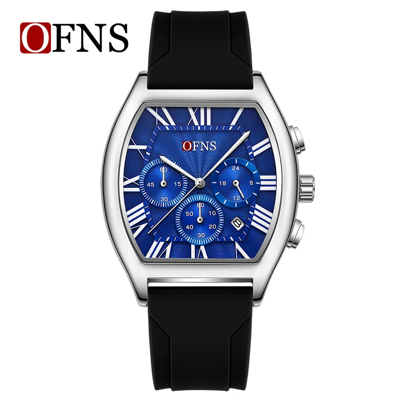 Ofns Top Brand 1644 Men's Quartz Watch 3atm Life Waterproof Six Needle Timing Calendar Display Silicone Strap Trendy wine barrel