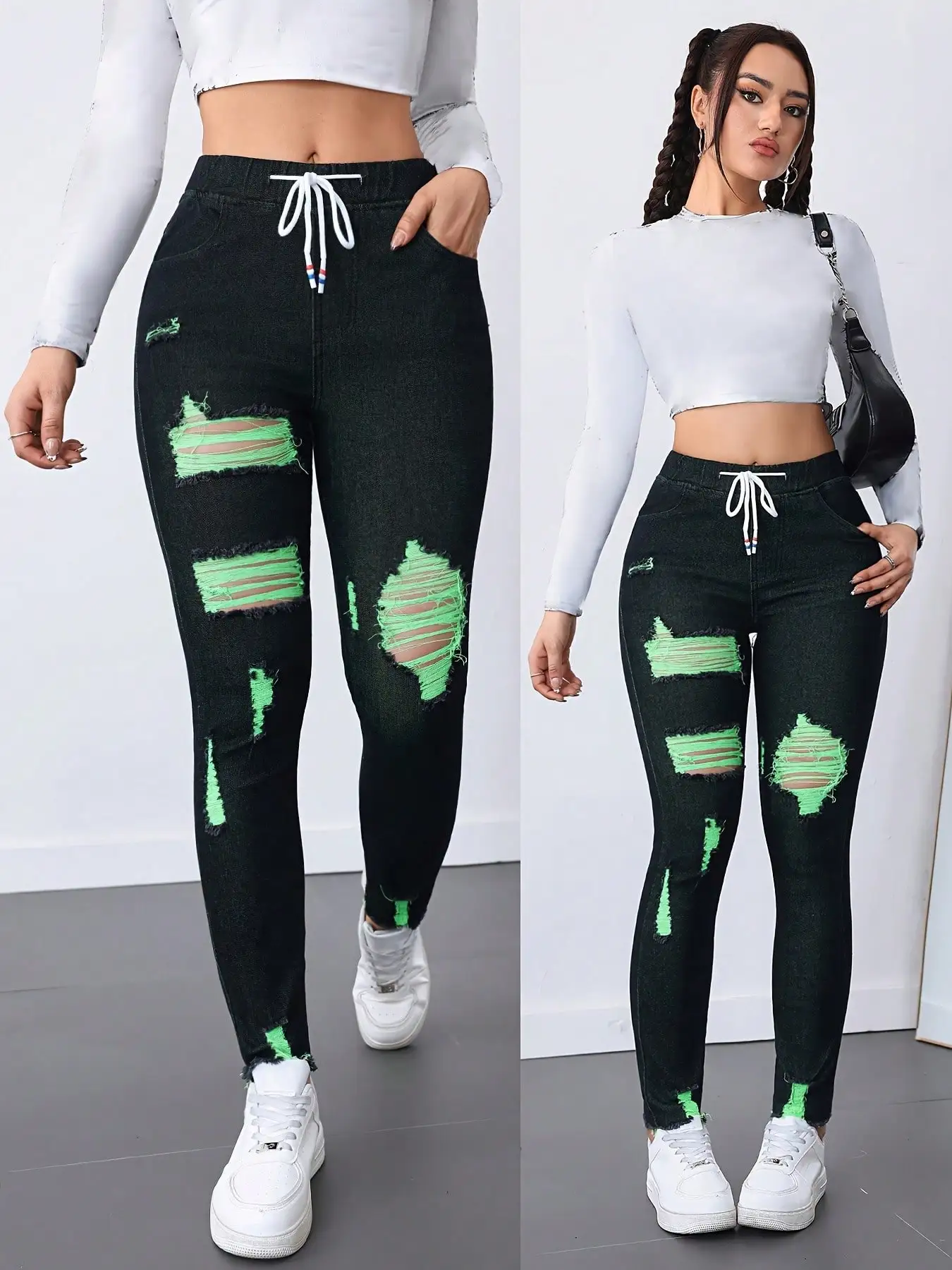 

Женские черные рваные джинсы со средней посадкой, неоновой зеленой строчкой, на шнурке, в стиле Y2K, облегающие джинсовые брюки