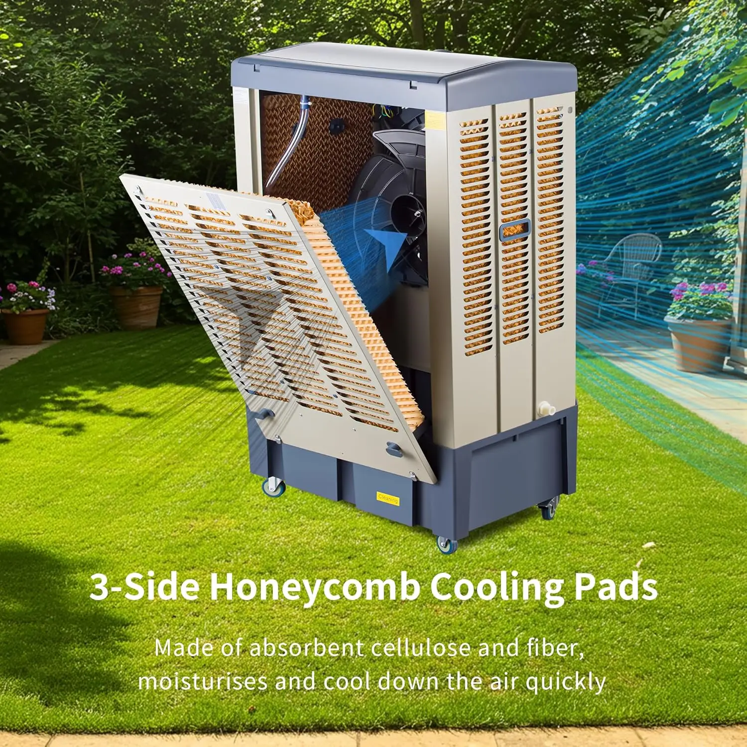 مبرد مستنقع مقاس 41 بوصة، 3 سرعات، 120 °   أرجوحة، خزان مياه سعة 10.6 جالون، 3 عبوات ثلج، مبرد هواء تبخيري خارجي للفناء والساحة